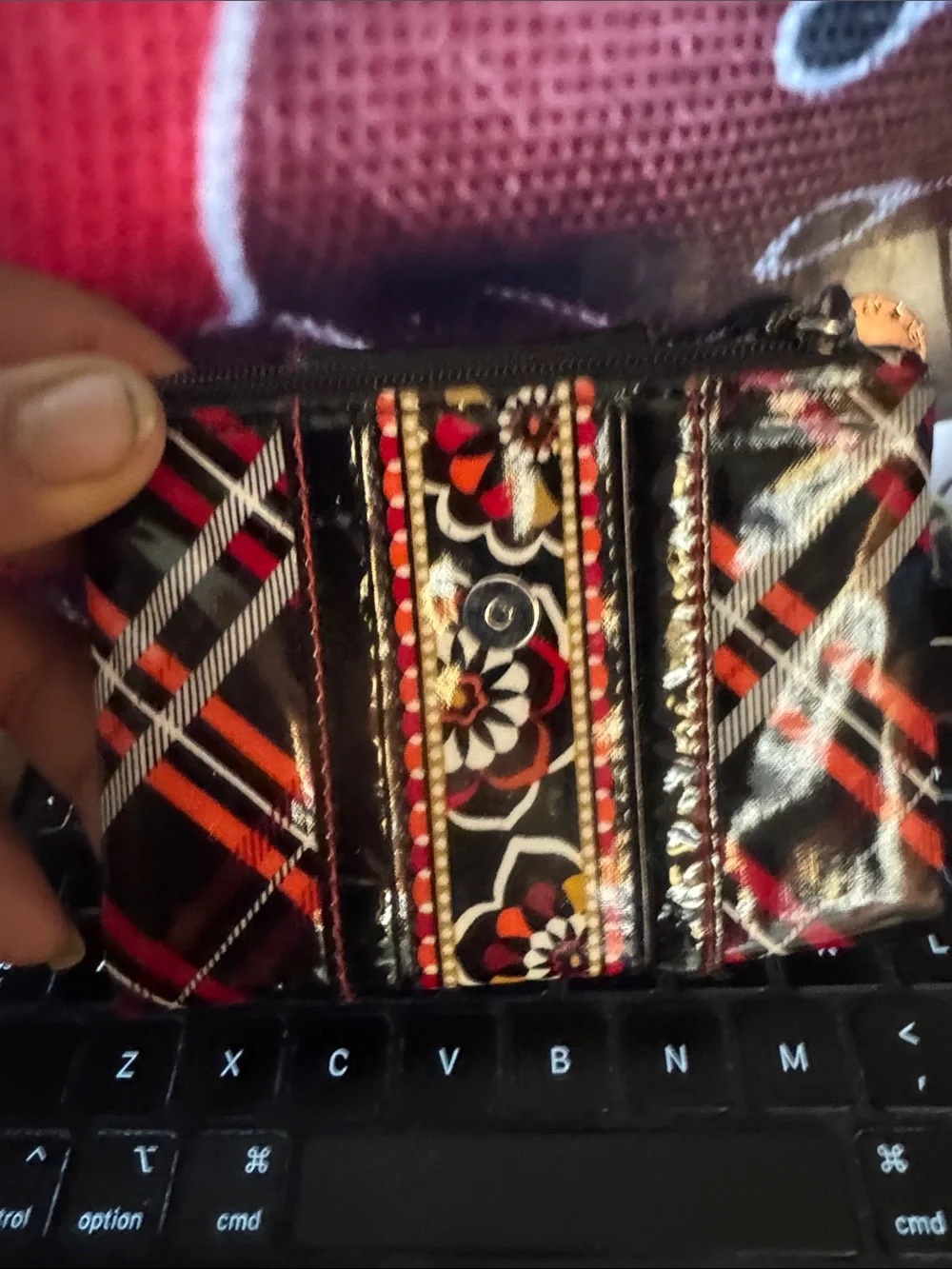 Vera Bradley Black Floral Plaid Wristlet with Red and Orange Accents